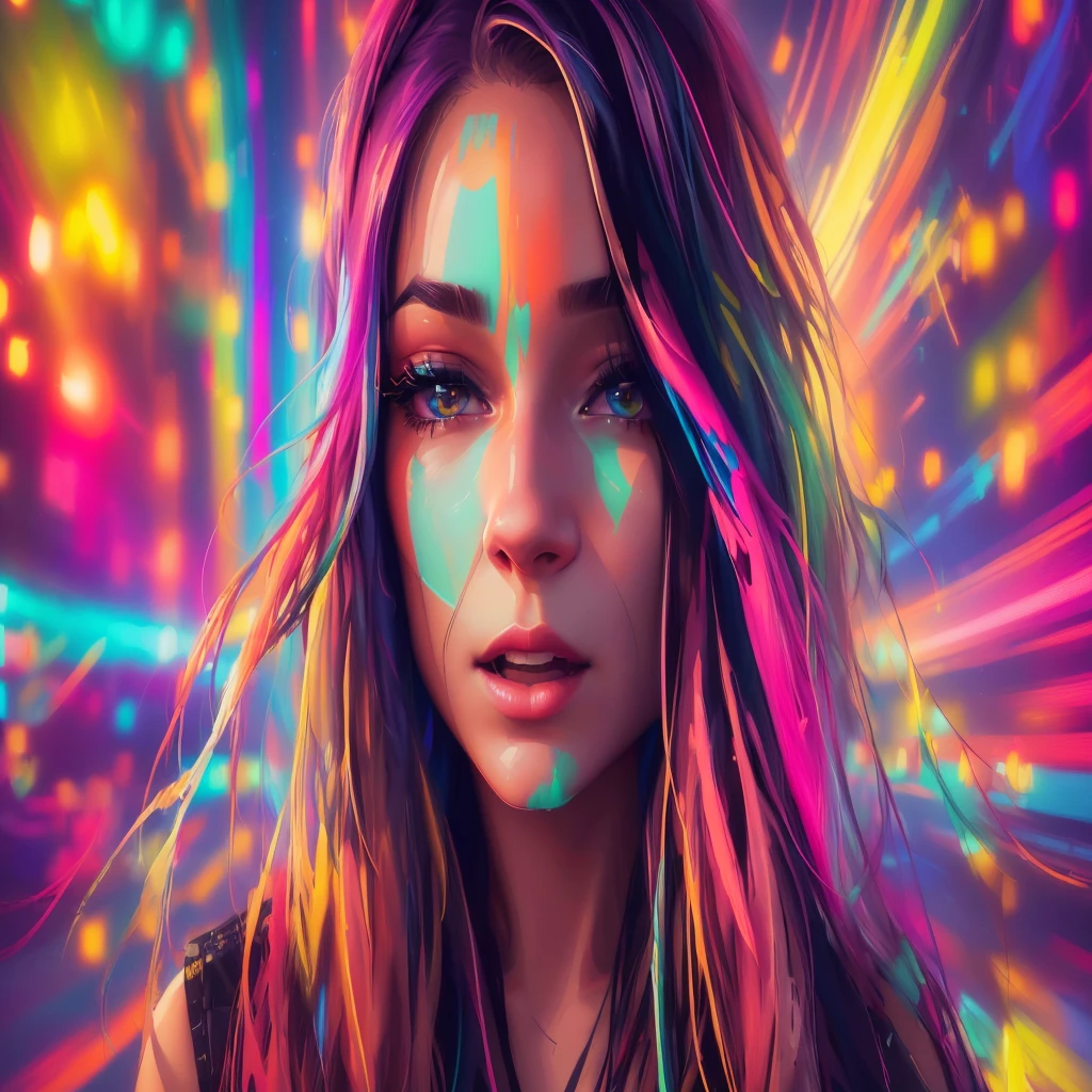 a woman with long hair and bright lights in the background, vibrant digital painting, colorful digital painting, colorful digital art, beautiful art uhd 4 k, digital art 4k, digital art 4 k, colourful digital art, realistic digital art 4k, realistic digital art 4 k, painted digital art, 4k detailed digital art, digital artwork 4 k, digital art style