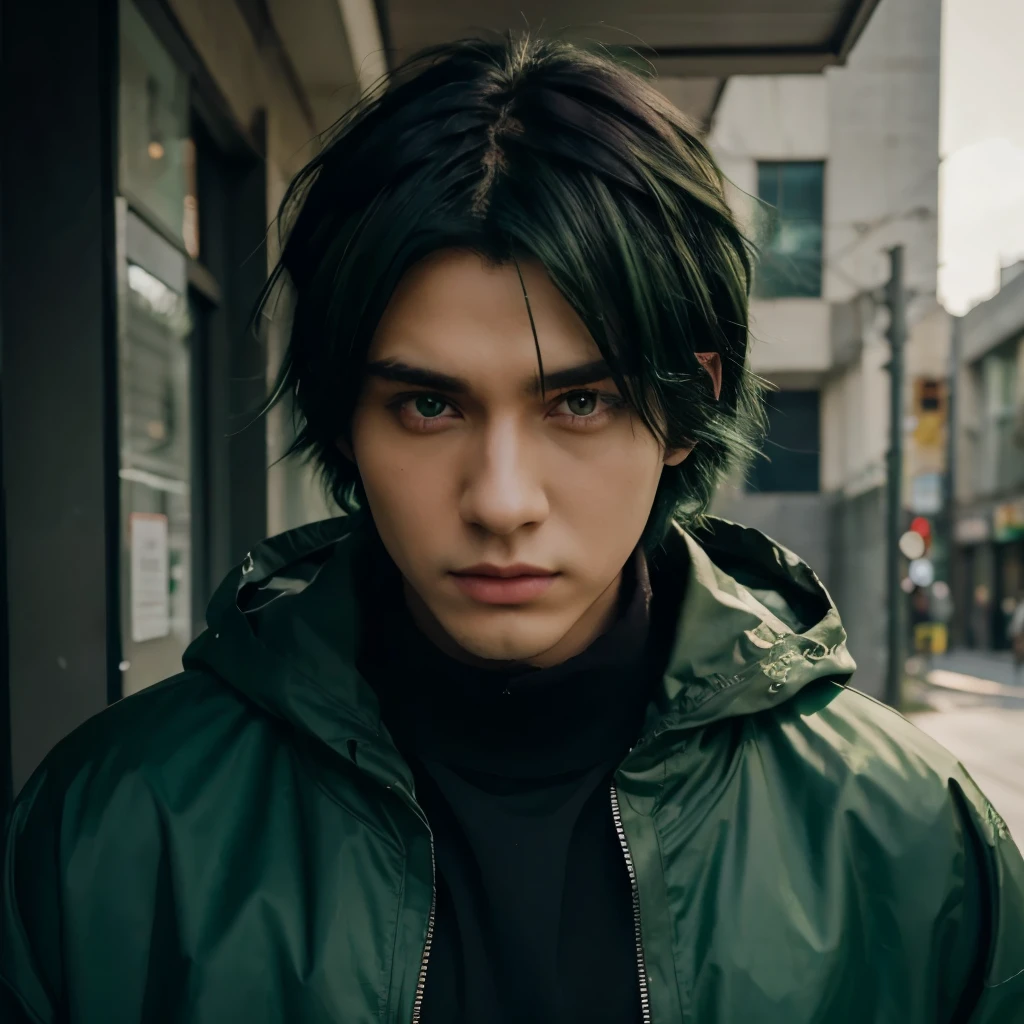 man black and green hair, dark green eyes, oversized green jacket anime style