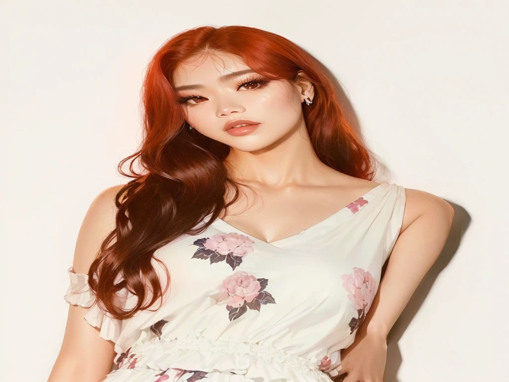 Mujer arafed con pelo rojo y un vestido blanco posando para una foto., parque roseanne de blackpink, jossi de blackpink, heonhwa choe, kim taejin, Jinyoung Shin, portrait of jossi de blackpink, parque ji min, sangsoo jeong, sun yunjoo, Jaeyeon Nam, kim hyun joo, seson yoon