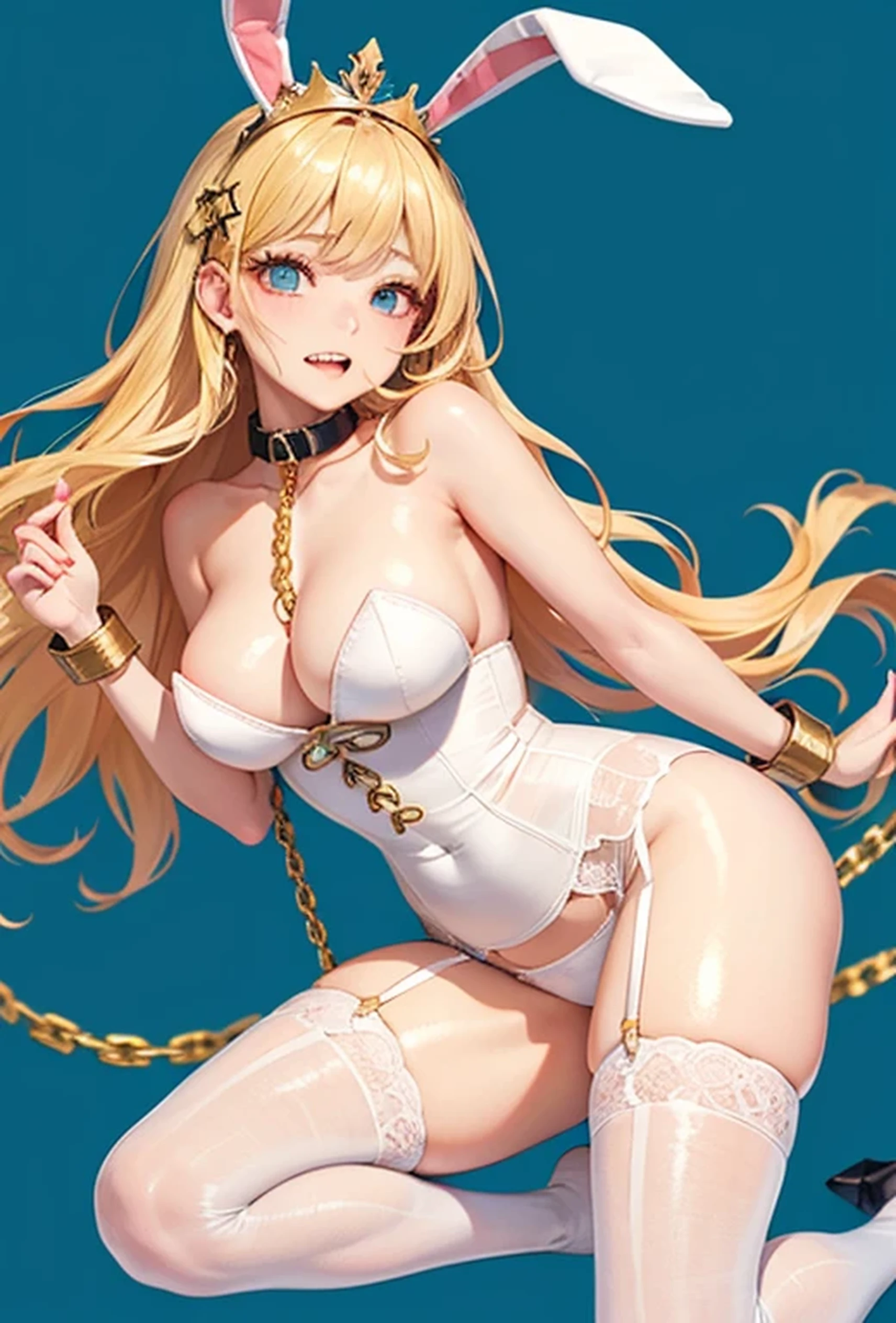 (Super detailed、Ultra-high resolution、Vibrant colors)、((Flat Color))、((colorful))、Multicolored lighting、((浮かぶcolorfulな水))、Blue background、
Bound Queen、Random Pause、(Golden chains on body、Golden chain collar、handcuffs)、Random Sexy Poses
(Long Hair、Blonde Hair、hair ornaments、Big Breasts)、(Bunny Suit、choker、Knee-high stockings、garter belt、White biting panties)、cameltoe、TWICE's Tzuyu' on pause、Beautiful blue eyes、Beautiful lips、(A rich expression、fun)