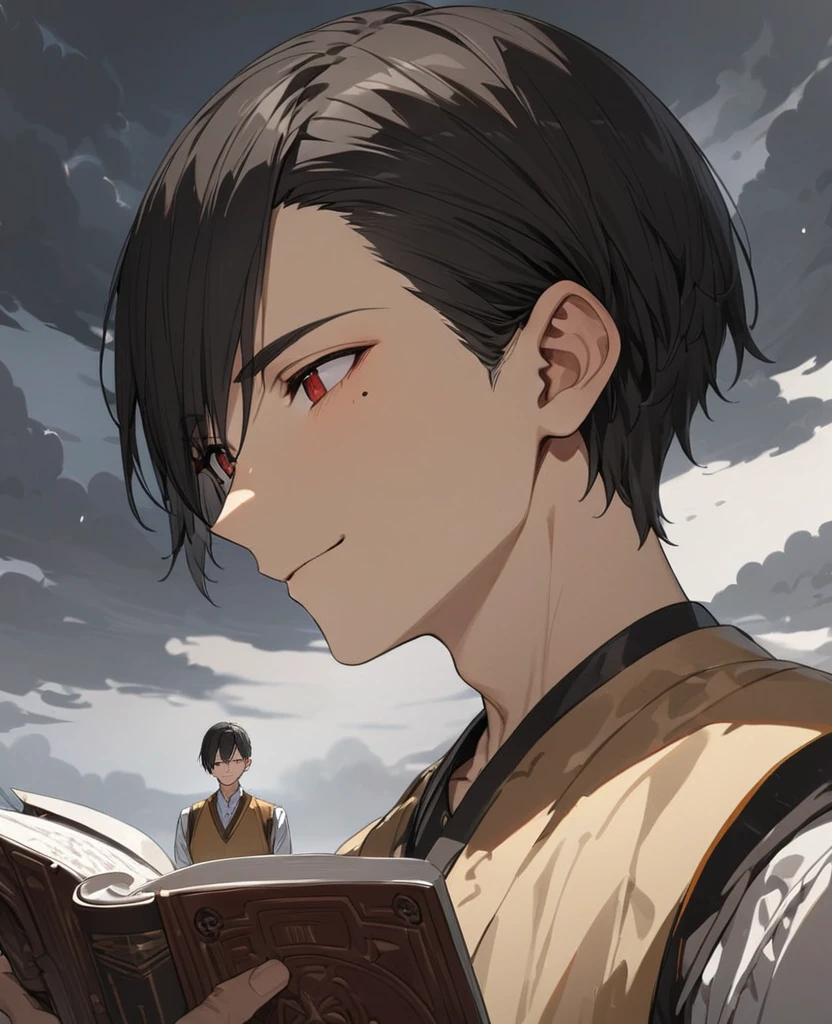 One Man、Black Hair、Hairstyle、Shortcuts、Red eyes、Droopy eyes、whole body、Ocher vest、Hold the book in your right hand、Cloudy, Hair behind the ear, Asymmetrical bangs、 short hair, Red eyes, A light smile, First Person View, Ultra-high resolution, Super detailed, mole under eye