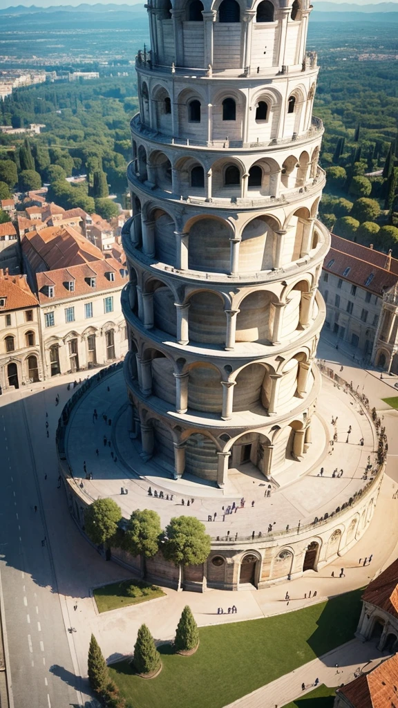 Architecture: The Leaning Tower of Pisa has many people standing and watching. The view from above gives an image like flying a drone.