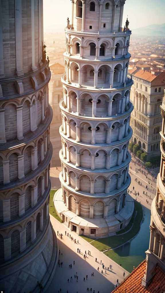 Architecture: The Leaning Tower of Pisa has many people standing and watching. The view from above gives an image like flying a drone.