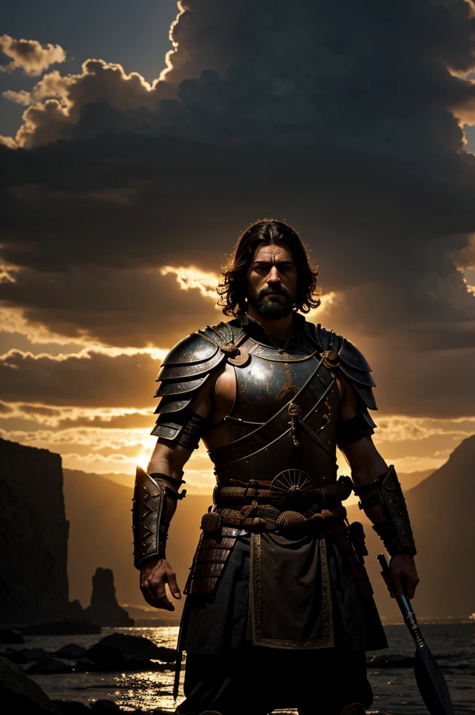 A stoic warrior forms an image, in a dark late afternoon, in an epic setting.