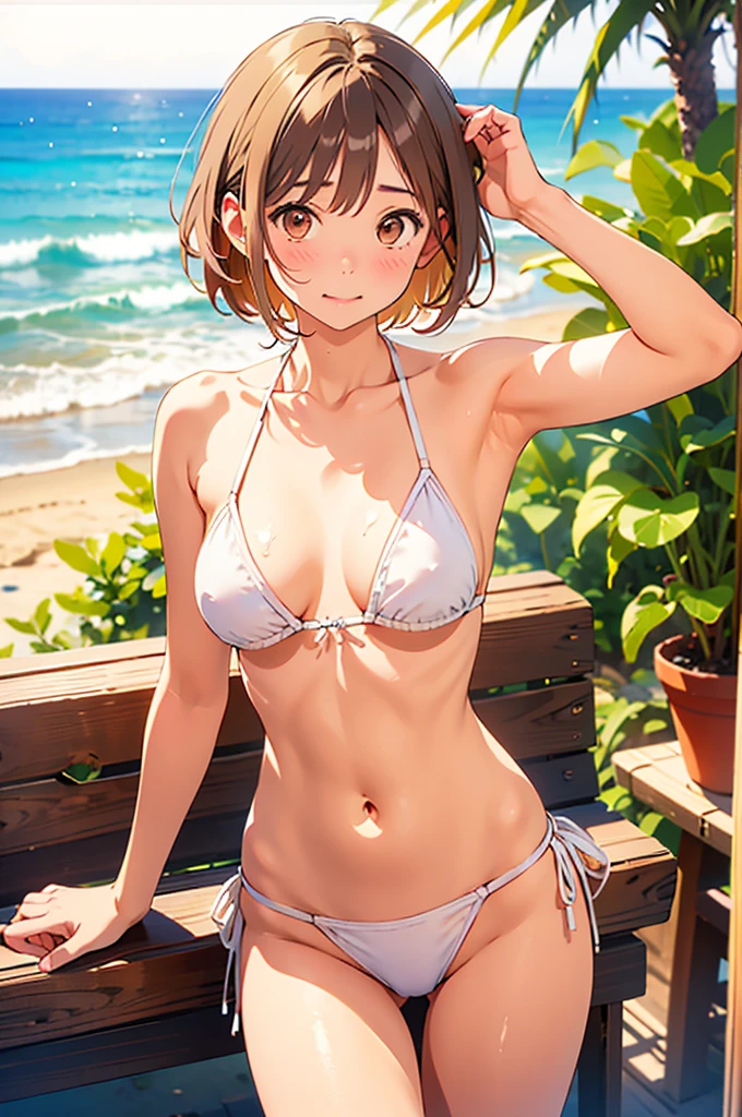 NSFW、Toned body、Big Breasts、Armpit、Bare thighs、(Pure White Brazilian Bikini White、Pure white micro mini bikini)、独奏、(short hair、Brown Hair、Barrette、hair ornaments)、(Brown eyes:1.5)、(yuihirasawa、yui hirasawa、Yui Hirasawa)、(Pure white bikini transparent with sweat、Pink mansuji)、Big Breasts、Seaside、Beachside、独奏