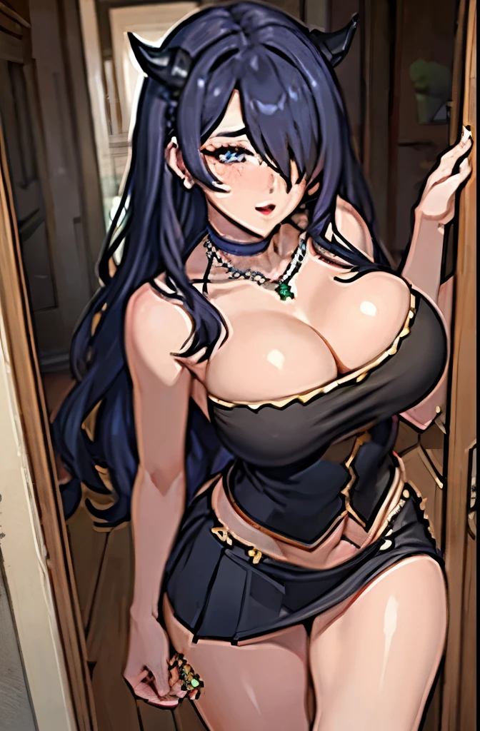 dark hair, crystal blue eyes, open mouth, horny 25 years old, playfully horny, cleavage, low cut tanktop , skirt, standing, coy smile with open parted lips, (blushing:1.3), looking invitingly at the viewer, seductive eyes, facing the viewer, livingroom background, posing in a doorway, (pov), glowing eyes, necklace, earrings, nsfw,