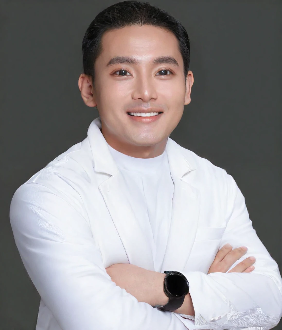 A 35 year old Indonesian man, short black hair, neatly combed back, thick eyebrows, slightly narrow eyes and a proportional nose. His oval face with slightly filled cheeks showed a friendly smile showing his straight teeth. Wearing a white t-shirt covered by a white coat. High detail, realistic lighting, very clear and sharp facial skin texture, sharp focus, natural skin color.