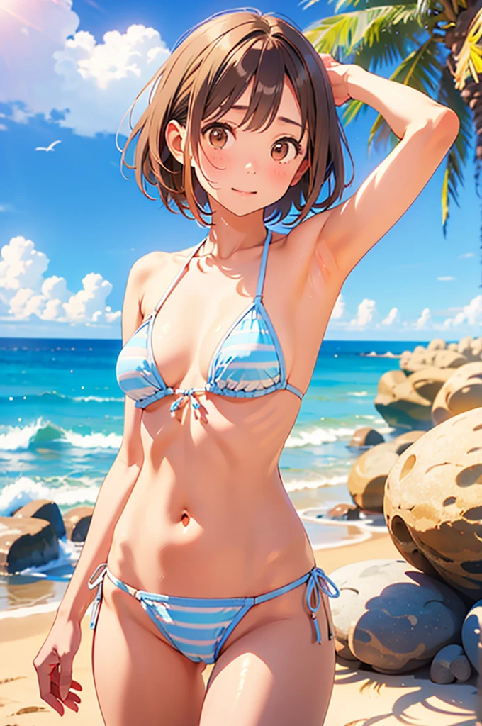 NSFW、Toned body、Big Breasts、Armpit、Bare thighs、(Brazilian Bikini、Micro Mini Bikini、White and light blue stripes)、独奏、(short hair、Brown Hair、Barrette、hair ornaments)、(Brown eyes:1.5)、(yuihirasawa、yui hirasawa、Yui Hirasawa)、(Bikini transparent with sweat、Mansuji)、Big Breasts、Seaside、Beachside、独奏
