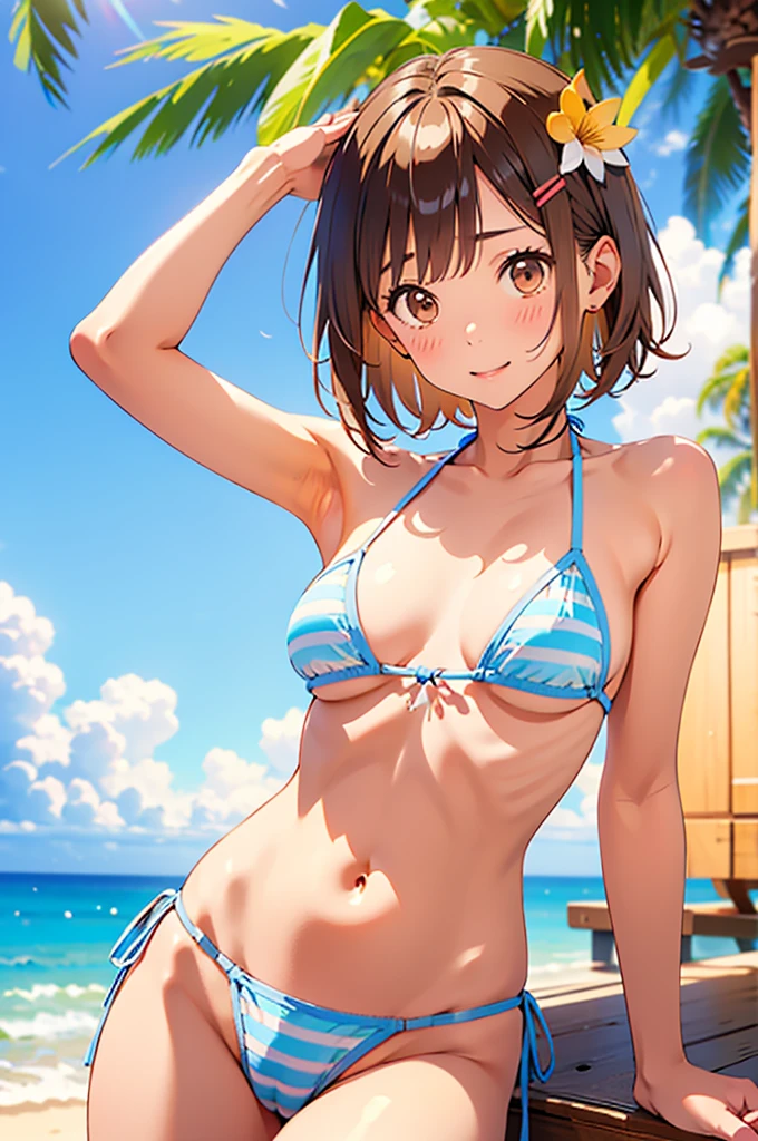 NSFW、Toned body、Big Breasts、Armpit、Bare thighs、(Brazilian Bikini、Micro Mini Bikini、White and light blue stripes)、独奏、(short hair、Brown Hair、Barrette、hair ornaments)、(Brown eyes:1.5)、(yuihirasawa、yui hirasawa、Yui Hirasawa)、(Bikini transparent with sweat、Mansuji)、Big Breasts、Seaside、Beachside、独奏