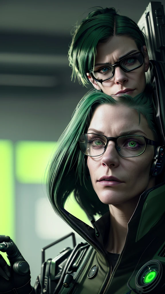 (cyberpunk military scientist:1) (1 woman) Dark theme :: focus on foreground face, curious face, Cara de Katee Sackhoff, ultra realistic futuristic cyberpunk tall athletic woman, :: medium green hair, futuristic glasses nerd :: inside the cyberpunk office :: brown eyes :: natural lighting :: bokeh :: 8k :: Best Quality :: Masterpiece :: incredibly detailed:1.5