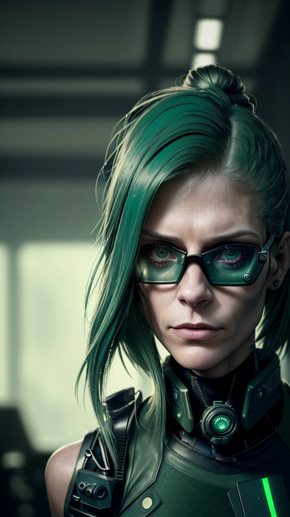 (cyberpunk military scientist:1) (1 woman) Dark theme :: focus on foreground face, curious face, Cara de Katee Sackhoff, ultra realistic futuristic cyberpunk tall athletic woman, :: medium green hair, futuristic glasses nerd :: inside the cyberpunk office :: brown eyes :: natural lighting :: bokeh :: 8k :: Best Quality :: Masterpiece :: incredibly detailed:1.5