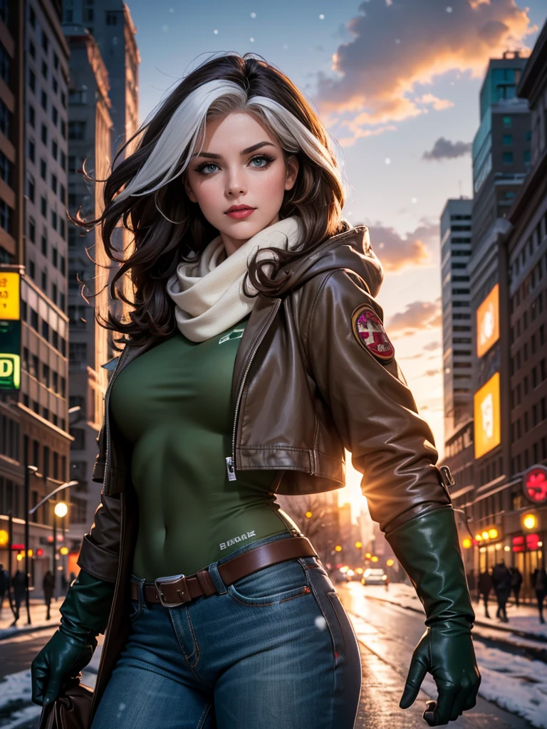 (masterpiece:1.0), (best_quality:1.2), (dark shot:1.3), Classic Rogue, 1991 Rogue X-Men, 1 girl, Only 1, head to toe view, standing on a street corner, elegant pose, (clothing: brown winter coat with a hood, hood over head, down lining, white scarf, green jumper, denim jeans, gloves), medium length hair, brown hair, wavy hair, one lock of white hair, green eyes, mischievous look, smirk, parted lips, fit figure, medium breasts, red lipstick, heavy makeup, confident look, backlit, (realism: 1.5), (Realistic: 1.4), (Absurdity:1.4), 8k, ultra-detailed, Detailed Beautiful Woman, very physically fit girl, (background: midnight, snowing, on the streets of New York, snowy night), official art, extremely detailed CG unity 8k wallpaper, perfect lighting, Colorful, ultra high res, photography, 8K, HDR, Kodak portra 400, film grain, blurry background, (bokeh:1.2), (vibrant_color:1.2), film grain:1.2, (warm hue, warm tone:1.2), (color photo), professional photograph