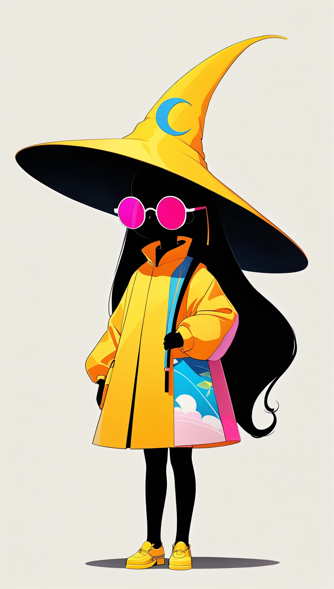 Thierry Muller (Thierry Mugler) style,Liu Ye style,1 little girl,Lolita figure,Loose hip-hop clothing,Giant wide-brimmed wizard hat,Silhouette,(((Neon round sunglasses))),Can't see the eyes,大面积blank,Minimalist composition,blank,White background,Chinese painting style,