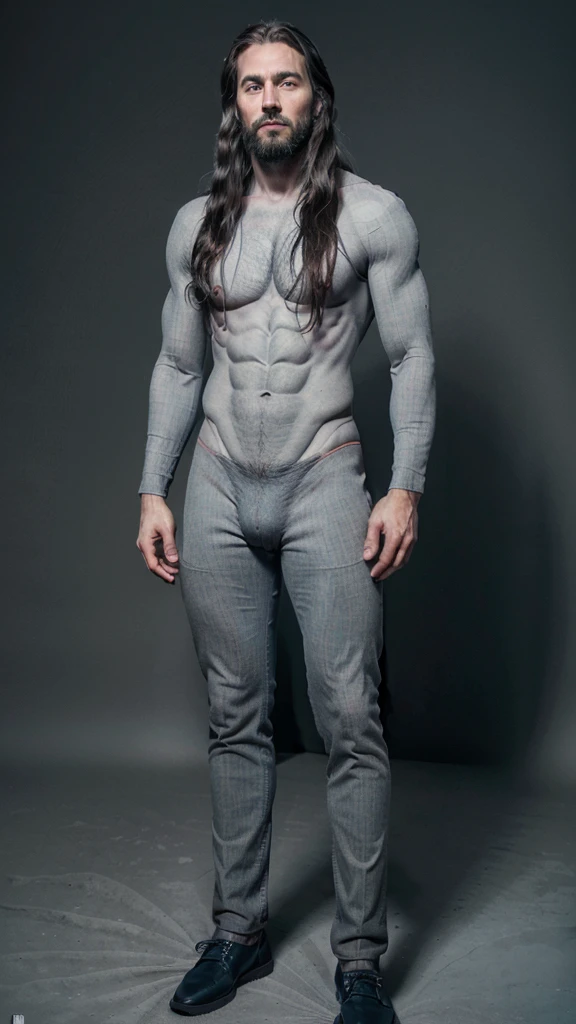 a full body photo ,a man with (((Blue grey skin))), curved crooked bodyof a (((croockerd and curved man))) with long hair and a beard wearing a classic black suit