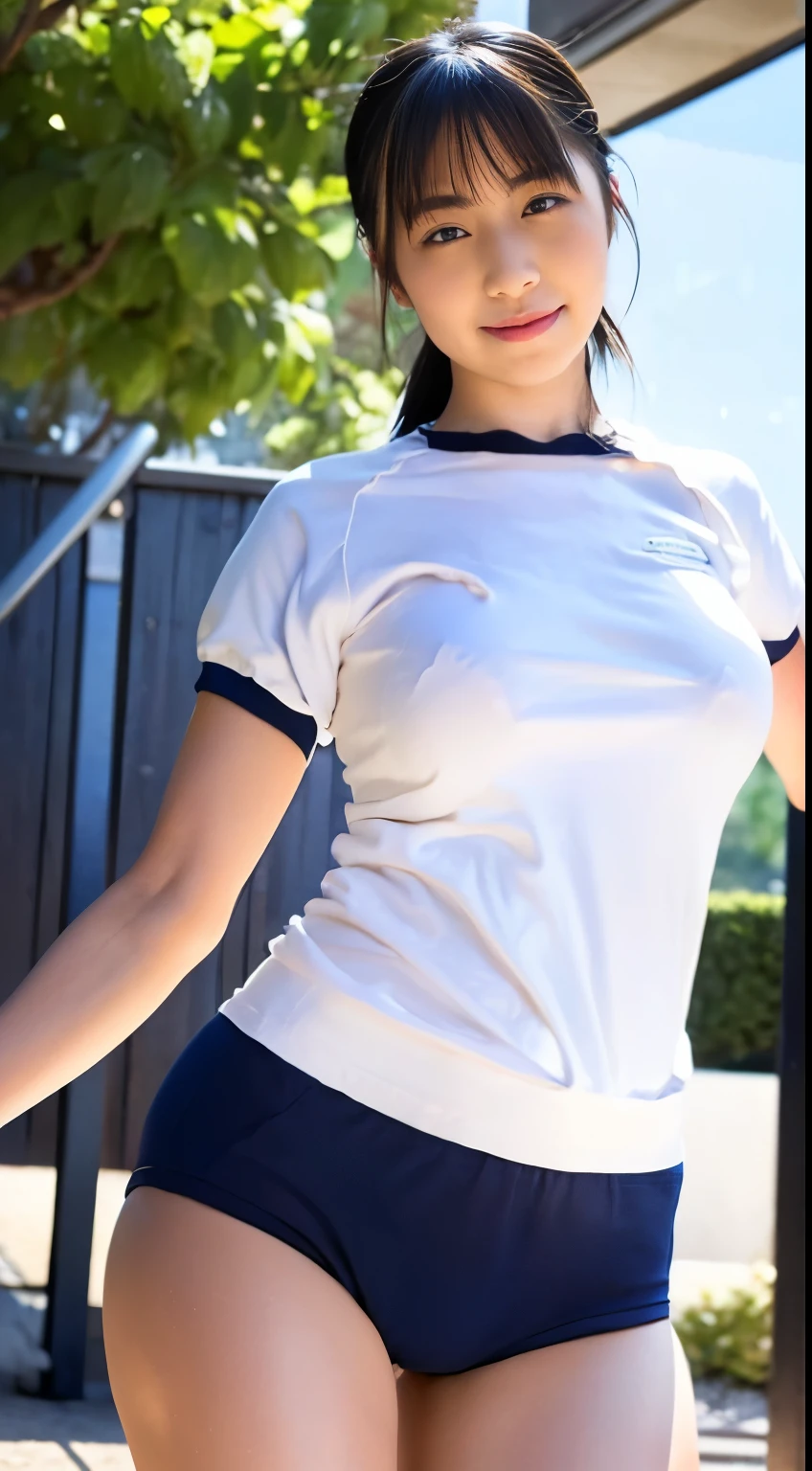 Head to knee portrait、alone、high school girl、White skin、Natural Makeup、Black Hair、bangs、Straight Long Hair、((School-designated gym clothes))、((The upper body is a white short-sleeved gym uniform))、((Long white gym clothes))、(((Very tight bloomers)))、(((Low-rise bloomers)))、((Navy Bloomers))、(((Tuck the bottom of your gym clothes into your bloomers)))、Big Breasts、No bra、Big Ass、((The upper body is wearing gym clothes))、Looking into the camera、(((Schoolyard)))、((Realistic fingers))