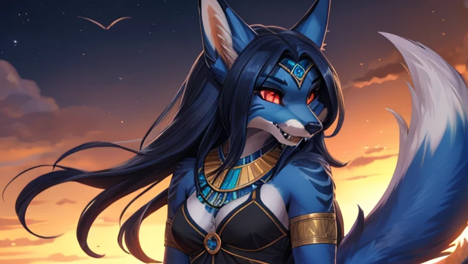 Highres adolescente, zorra full body add_details:1, furry, dark blue skin with aqua blue, hairy,Anubis, egyptian goddess, arabic clothing(high tail reveal, Fox tail,long hair normal bust, blue tattoos, Red eyes, realistic pupils add_detailsl:1, High Definition, long blue tail, blue fur Ferocious fangs, sharp fangs, wild sharp claws