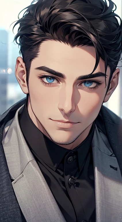 (best quality,4k,8k,highres,masterpiece:1.2),ultra-detailed,(realistic,photorealistic,photo-realistic:1.37),1 man,31 years old,mature man,very handsome,without expression,smile,short grey black hair,blue eyes,penetrating gaze,perfect face without errors,imposing posture,businessman,office background,cinematic lighting,hdr image