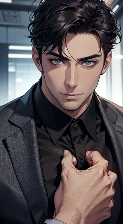 (best quality,4k,8k,highres,masterpiece:1.2),ultra-detailed,(realistic,photorealistic,photo-realistic:1.37),1 man,31 years old,mature man,very handsome,without expression,smile,short grey black hair,blue eyes,penetrating gaze,perfect face without errors,imposing posture,businessman,office background,cinematic lighting,hdr image