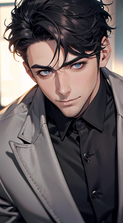 (best quality,4k,8k,highres,masterpiece:1.2),ultra-detailed,(realistic,photorealistic,photo-realistic:1.37),1 man,31 years old,mature man,very handsome,without expression,smile,short grey black hair,blue eyes,penetrating gaze,perfect face without errors,imposing posture,businessman,office background,cinematic lighting,hdr image