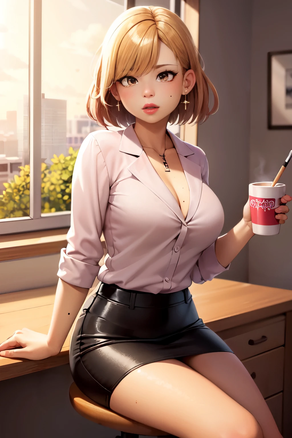 (work of art, best qualityer:1.2), 1 girl, standing alone, sitting down, office chair, tabletop, computer, Coffee Mug, shorth hair, big lips, bangss, hair blonde, eyes browns, breasts big, shirt blue, lab coat, pencil skirt, aretes, mole under the eye, make up, lipstick, Red lips, cross legs, leaning over, holding cigarette ,