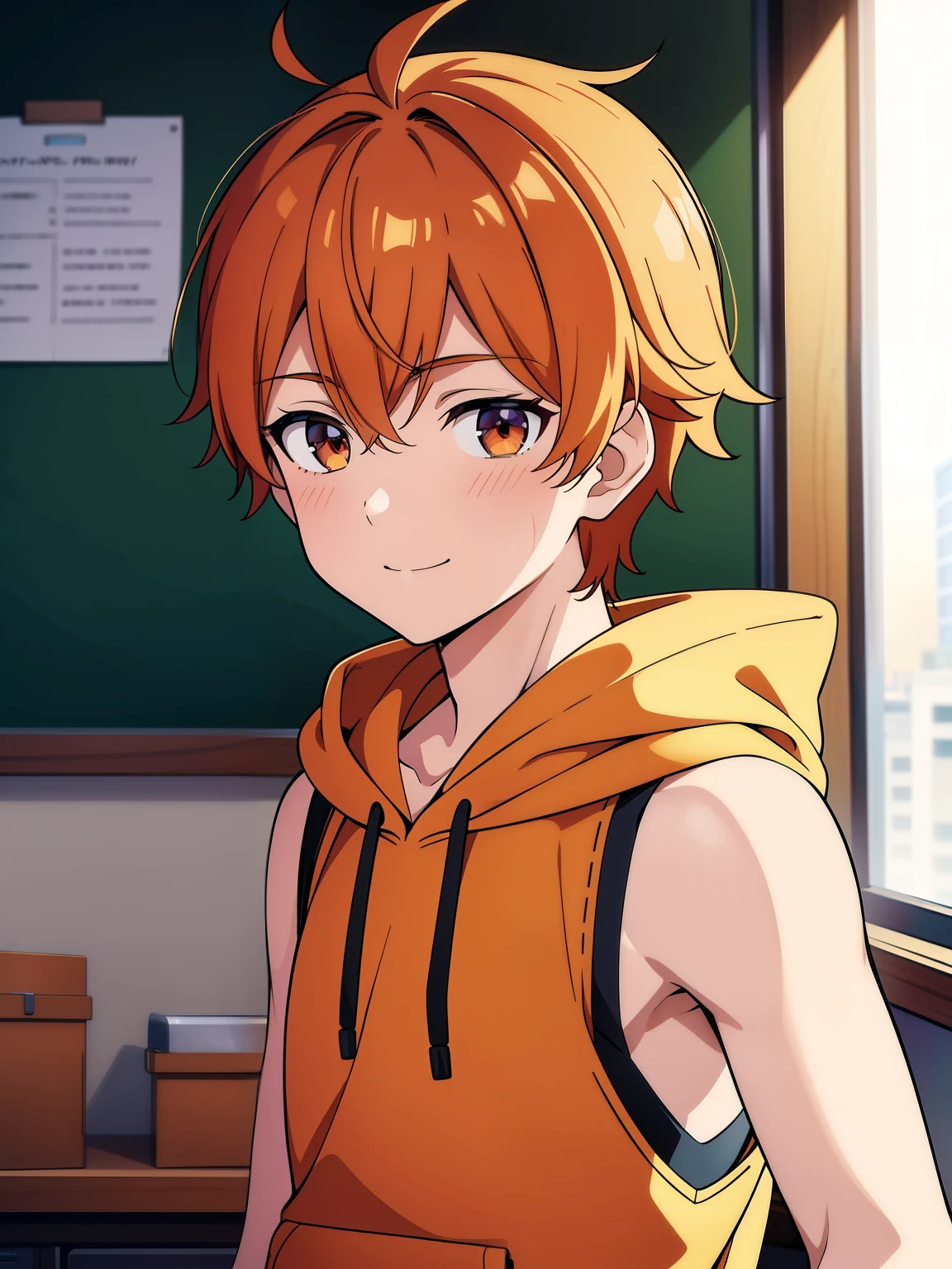 Highres, Masterpiece, Best quality at best,Best Quality,hight quality, hight detailed, Anime style, 1boy, Shota, young boy, Solo person, smile, Orange hair, messy hair, school, Sleeveless hoodie, Bare shoulder, Seen from the side, look at viewer, upper body, (very young boy), (very small and short body), 12-year-old boys, uhd, blurry beckground