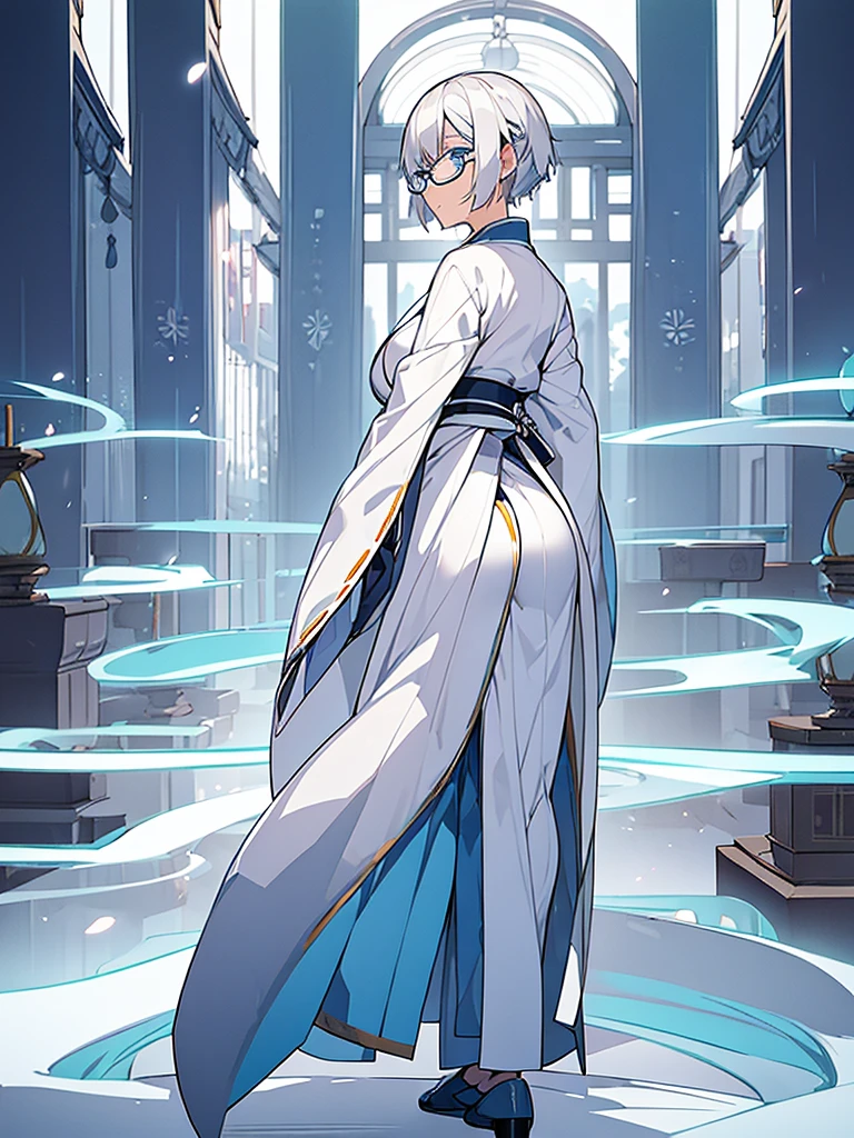 1woman, short white hair, light blue eyes, glasses, serious face, white and light blue kimono, long white stockings, light blue shoes, big ass, japanese house background