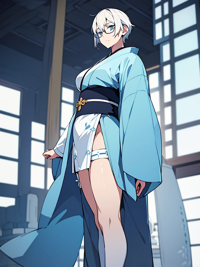 1woman, short white hair, light blue eyes, glasses, serious face, white and light blue kimono, long white stockings, light blue shoes, big ass, japanese house background