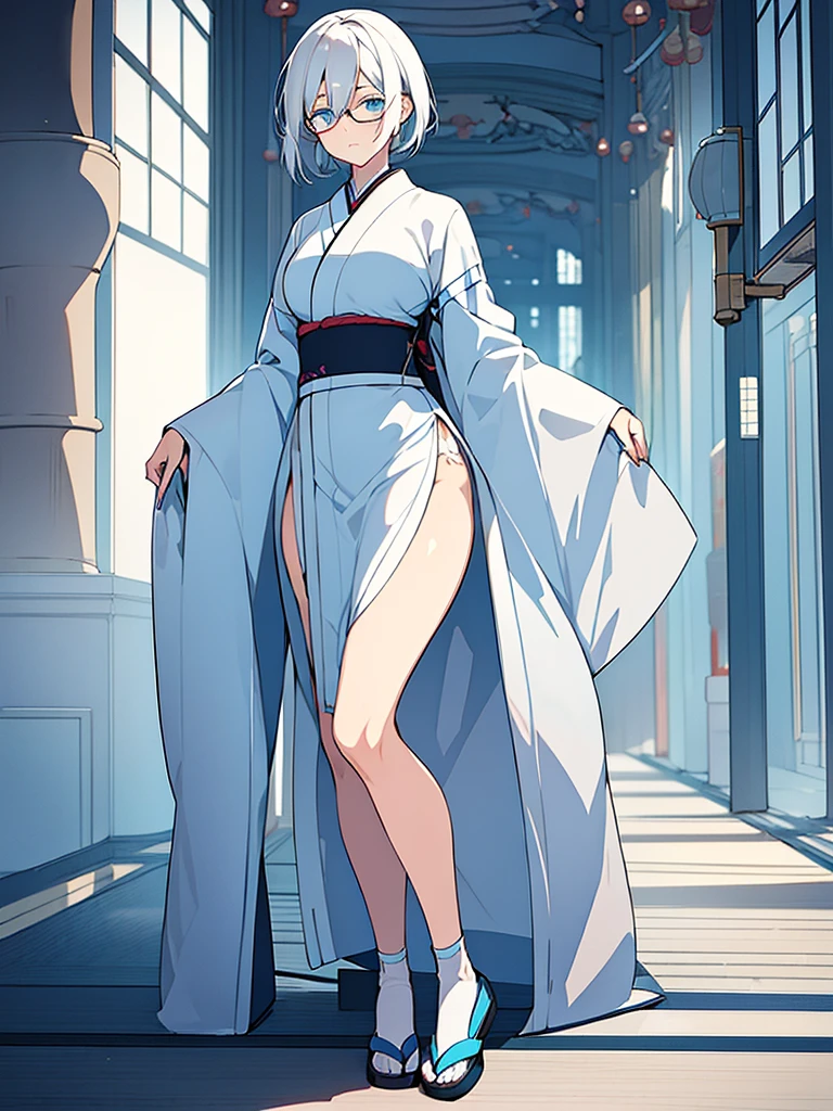 1woman, short white hair, light blue eyes, glasses, serious face, white and light blue kimono, long white stockings, light blue shoes, big ass, japanese house background