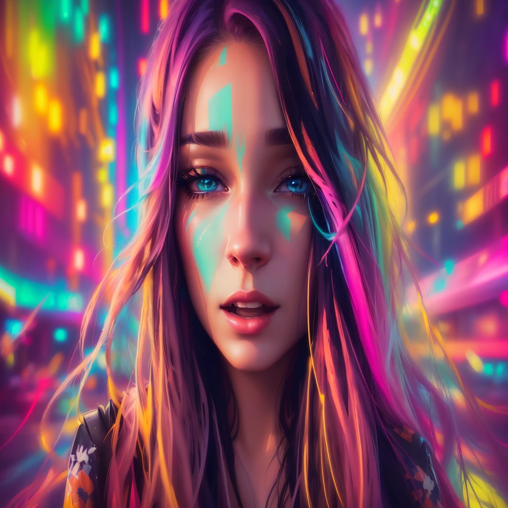 a woman with long hair and bright lights in the background, vibrant digital painting, colorful digital painting, colorful digital art, beautiful art uhd 4 k, digital art 4k, digital art 4 k, colourful digital art, realistic digital art 4k, realistic digital art 4 k, painted digital art, 4k detailed digital art, digital artwork 4 k, digital art style