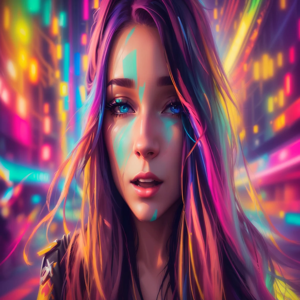 a woman with long hair and bright lights in the background, vibrant digital painting, colorful digital painting, colorful digital art, beautiful art uhd 4 k, digital art 4k, digital art 4 k, colourful digital art, realistic digital art 4k, realistic digital art 4 k, painted digital art, 4k detailed digital art, digital artwork 4 k, digital art style