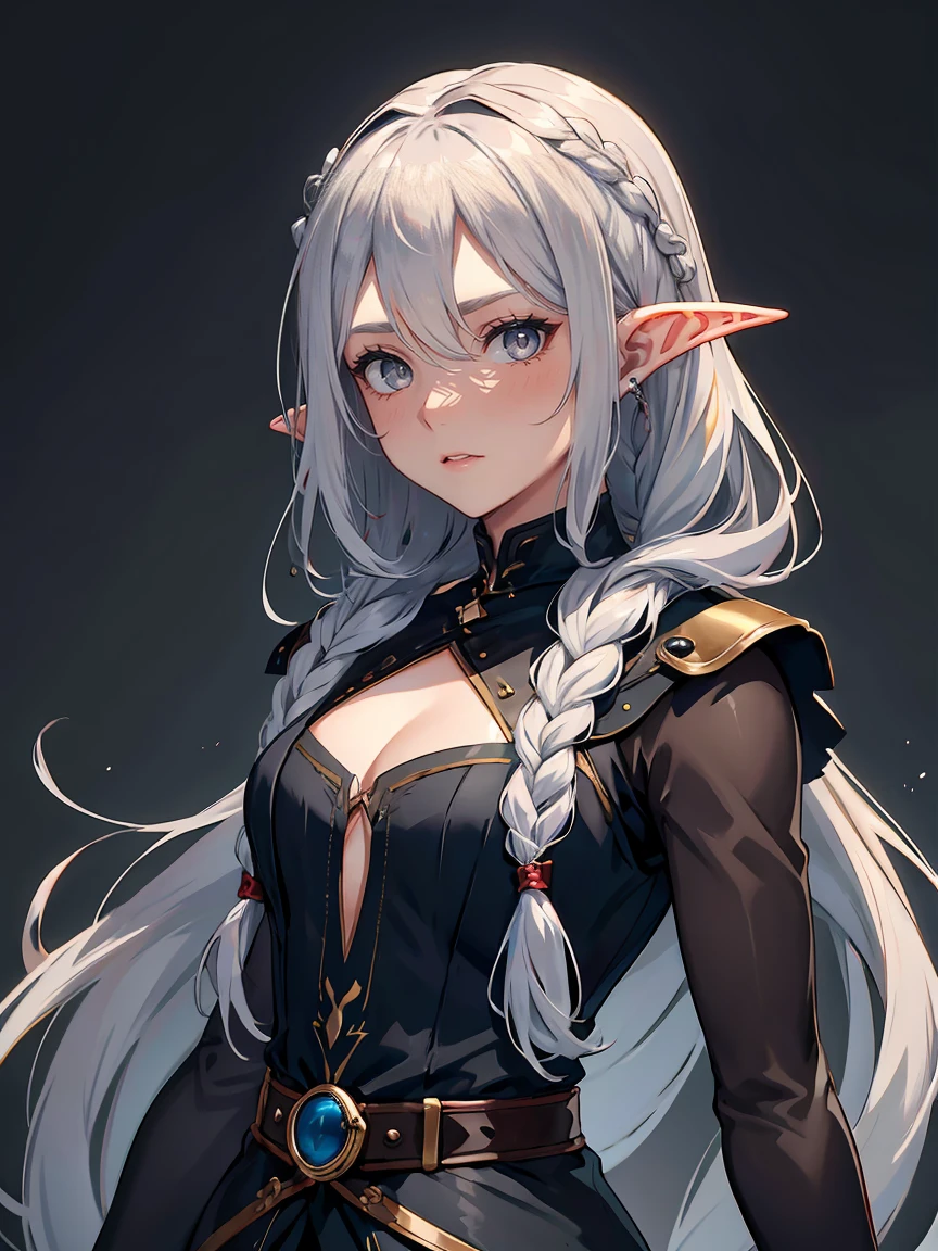 handsome girl,steel grey-eyes,grey pupils,Hyperresolution,accuracy,Detailed rendering,(Subtle facial image)(Image of fine hair)(topquality)(Masterpieces of masters)(High degree of completeness)(A sense of atmosphere)tmasterpiece,Super detailed and super detailed(half-body portrait), (((Long silver hair)))(((Hair in long braid)))(((Long hair))) (((Tiefling horns)))(((Demon)))(((Grey skintone))) (((Grey eyes))) (((Elf ears)))(((Forlorn expression)))(((Medieval travel clothes)))