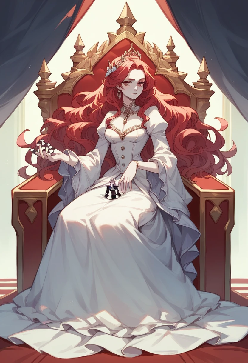 A beautiful woman sitting on a throne, pale skin and flowing red hair, dutchess in modest adornment, modest clothing, full dress