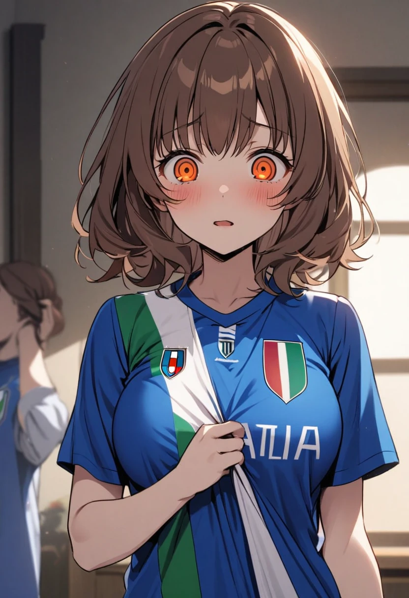 girl, beautiful, brown hair, orange eyes, breasts, italy soccer shirt, blue shirt, red bow, yandere, medium hair