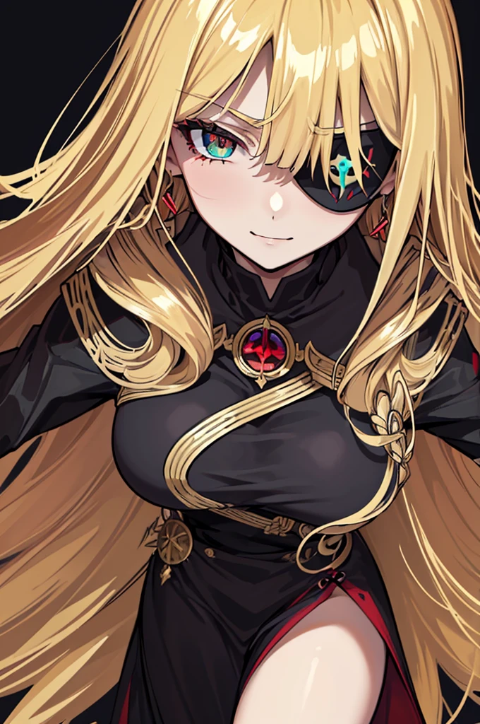 ((masterpiece)), ((best quality)), 1girl, adult, long hair, ((blonde hair)), very long blonde hair, ((intimidant look)), ((close-up)), profile image, green eyes, black and red clothes, sexy, dark colors, brillant eyes, ((coat with fur)), ((wavy hair)), exposed skin, ((sexy pose)), ((intimidant look)), good anatomy, ((dark sage clothes)), ((straight cut bangs)), emotionless, intimidant, ((beautiful eyes)), dark background, close up, ((detailed eyes)), beautiful eyes, ((detailed face)), hair bang, frontal look, evil, relaxed, smile, magical goddess othinus, detailed face, eyepatch, full body, ((detailed))