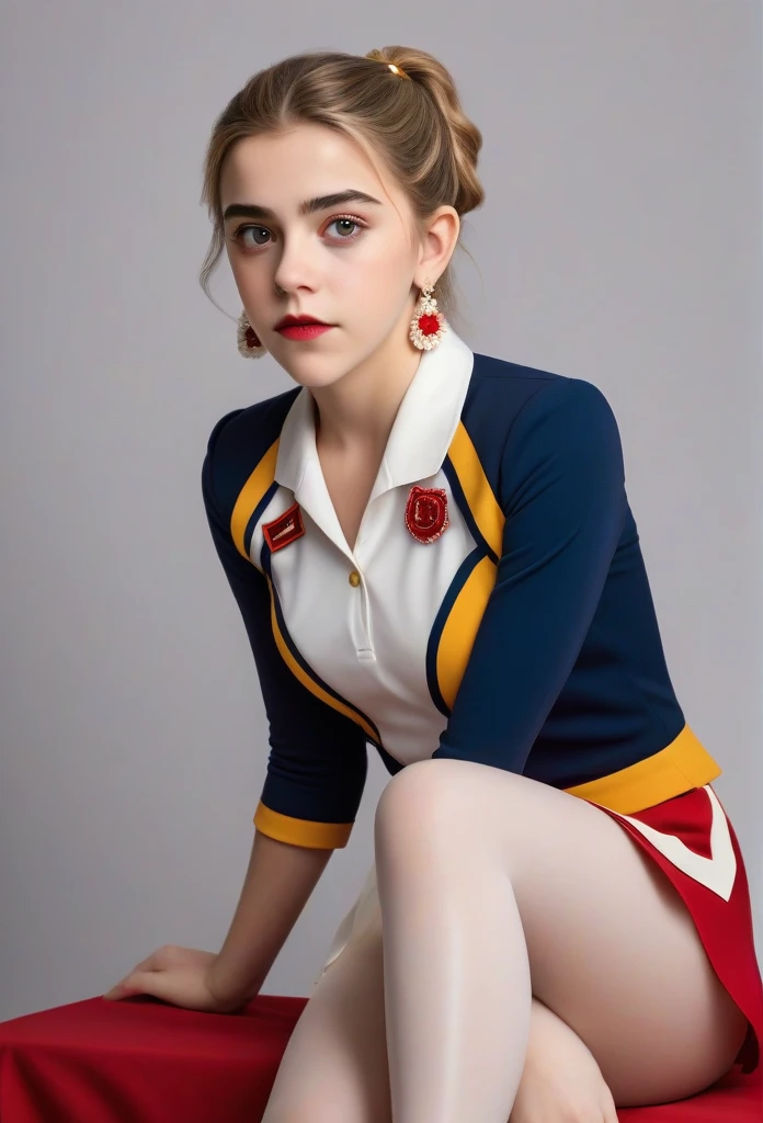 1girl, Kiernan Shipka, full length portrait, beautiful detailed eyes, beautiful detailed lips, extremely detailed face and eyes, long eyelashes, university of michigan cheerleader uniform, sheer shiny shimmering silky tan pantyhose, 5 inch white high heeled pumps, holding pompoms, studio photo shoot, red lipstick, long dangling earrings, hair in ponytail, glamour photo shoot, (best quality,4k,8k,highres,masterpiece:1.2),ultra-detailed,(realistic,photorealistic,photo-realistic:1.37),HDR,UHD,studio lighting,ultra-fine painting,sharp focus,physically-based rendering,extreme detail description,professional,vivid colors,bokeh