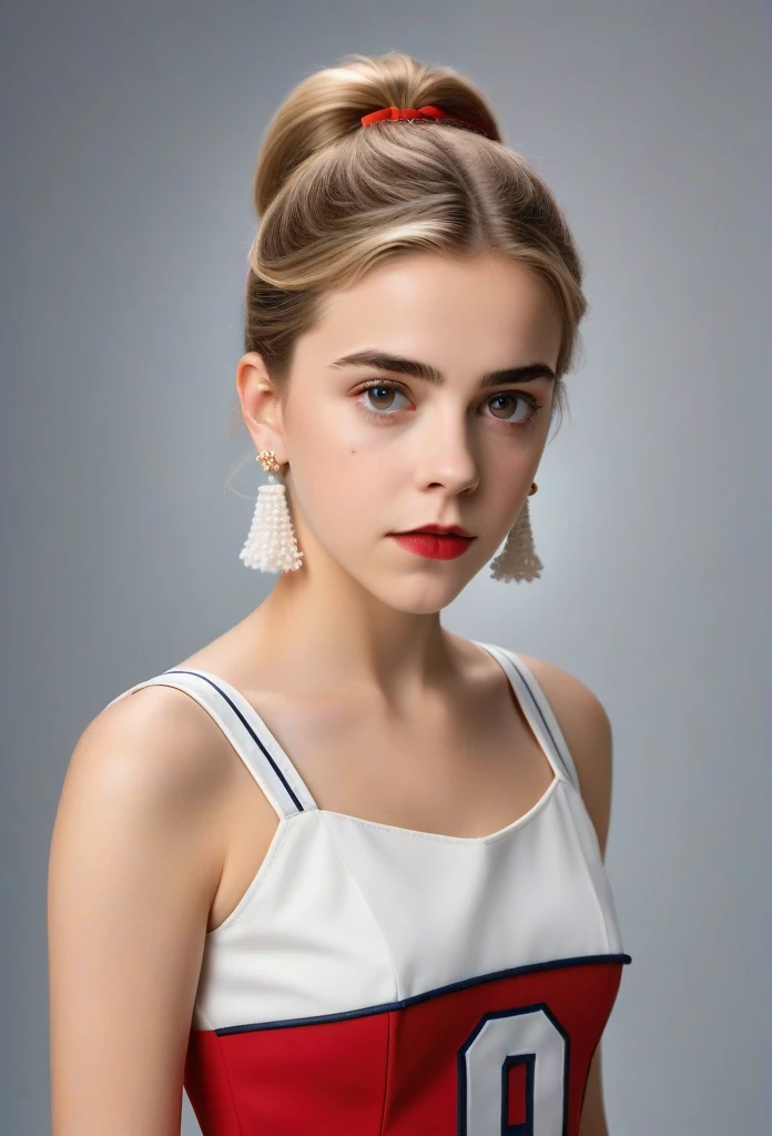 1girl, Kiernan Shipka, full length portrait, beautiful detailed eyes, beautiful detailed lips, extremely detailed face and eyes, long eyelashes, university of michigan cheerleader uniform, sheer shiny shimmering silky tan pantyhose, 5 inch white high heeled pumps, holding pompoms, studio photo shoot, red lipstick, long dangling earrings, hair in ponytail, glamour photo shoot, (best quality,4k,8k,highres,masterpiece:1.2),ultra-detailed,(realistic,photorealistic,photo-realistic:1.37),HDR,UHD,studio lighting,ultra-fine painting,sharp focus,physically-based rendering,extreme detail description,professional,vivid colors,bokeh