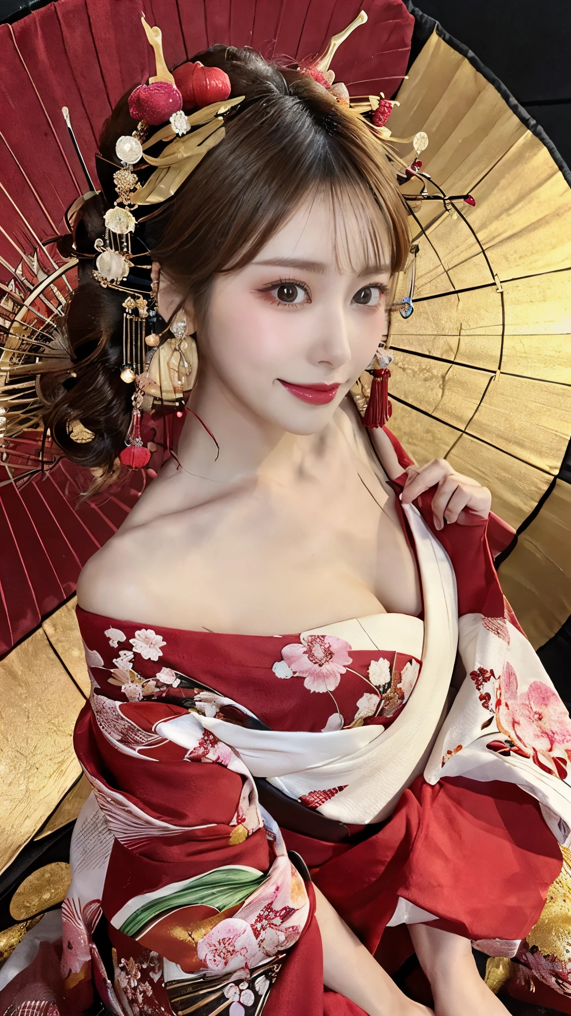 (Detailed skin:1.2),(Shiny skin:1.1),8K,Highest quality, masterpiece, Ultra-high resolution,(Realistic:1.4), RAW Photos,(Soft saturation:1.3),(Fair skin:1.2),Half-Japanese beauty,repair,20 years, Light brown hair, （Up-Hairstyles:1.2), Asymmetrical Hair, (Pretty face:1.4), (Large Breasts, Tight waist), Beautiful lighting, (Sexy Oiran:1.2,),Highly detailed face, Highly detailed lips, fine grain, double eyelid, （Sharp focus: 1.2）, （Perfect Anatomy),(Beautiful woman with perfect figure: 1.2）、Exposing cleavage、Random sexy poses，(Accentuate your leg lines:1.1)、kimono、Sharp Eyes,smile、Gorgeous hair ornament、Japanese style background