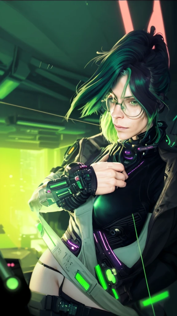 (cyberpunk military scientist:1) (1 woman) Dark theme :: focus on foreground face, curious face, Cara de Katee Sackhoff, ultra realistic futuristic cyberpunk tall athletic woman, :: medium green hair, futuristic glasses nerd :: inside the cyberpunk office :: brown eyes :: natural lighting :: bokeh :: 8k :: Best Quality :: Masterpiece :: incredibly detailed:1.5 lingerie 