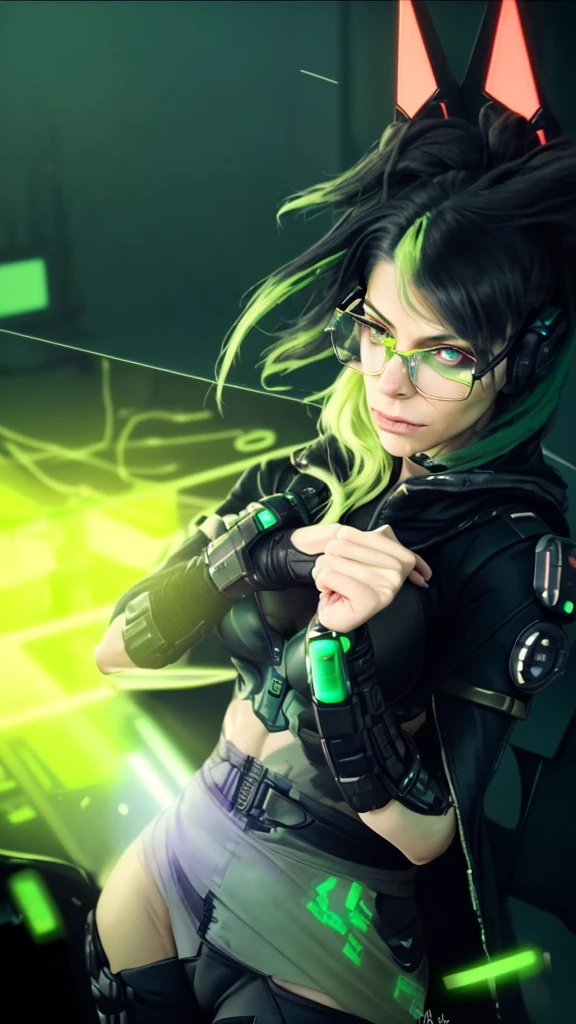 (cyberpunk military scientist:1) (1 woman) Dark theme :: focus on foreground face, curious face, Cara de Katee Sackhoff, ultra realistic futuristic cyberpunk tall athletic woman, :: medium green hair, futuristic glasses nerd :: inside the cyberpunk office :: brown eyes :: natural lighting :: bokeh :: 8k :: Best Quality :: Masterpiece :: incredibly detailed:1.5 lingerie
