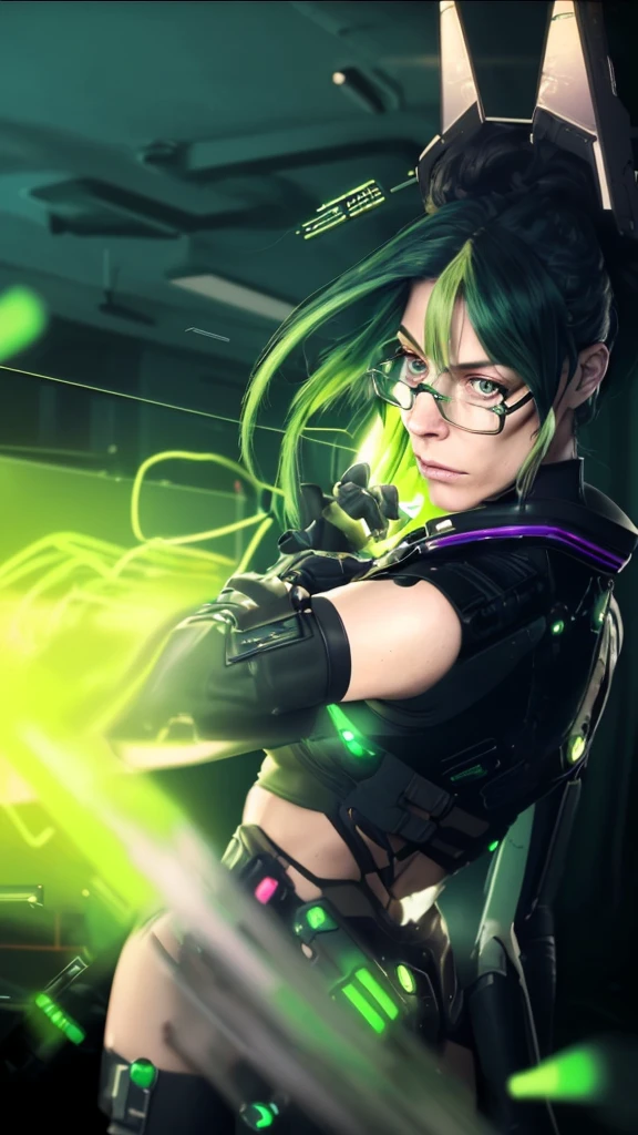 (cyberpunk military scientist:1) (1 woman) Dark theme :: focus on foreground face, curious face, Cara de Katee Sackhoff, ultra realistic futuristic cyberpunk tall athletic woman, :: medium green hair, futuristic glasses nerd :: inside the cyberpunk office :: brown eyes :: natural lighting :: bokeh :: 8k :: Best Quality :: Masterpiece :: incredibly detailed:1.5 lingerie 