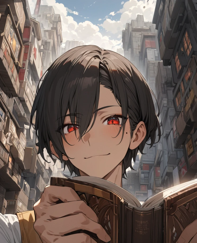 One Man、Black Hair、Hairstyle、Shortcuts、Red eyes、Droopy eyes、whole body、Ocher vest、Hold the book in your right hand、Cloudy, Hair behind the ear, Asymmetrical bangs、 short hair, Red eyes, A light smile, First Person View, Ultra-high resolution, Super detailed, mole under eye