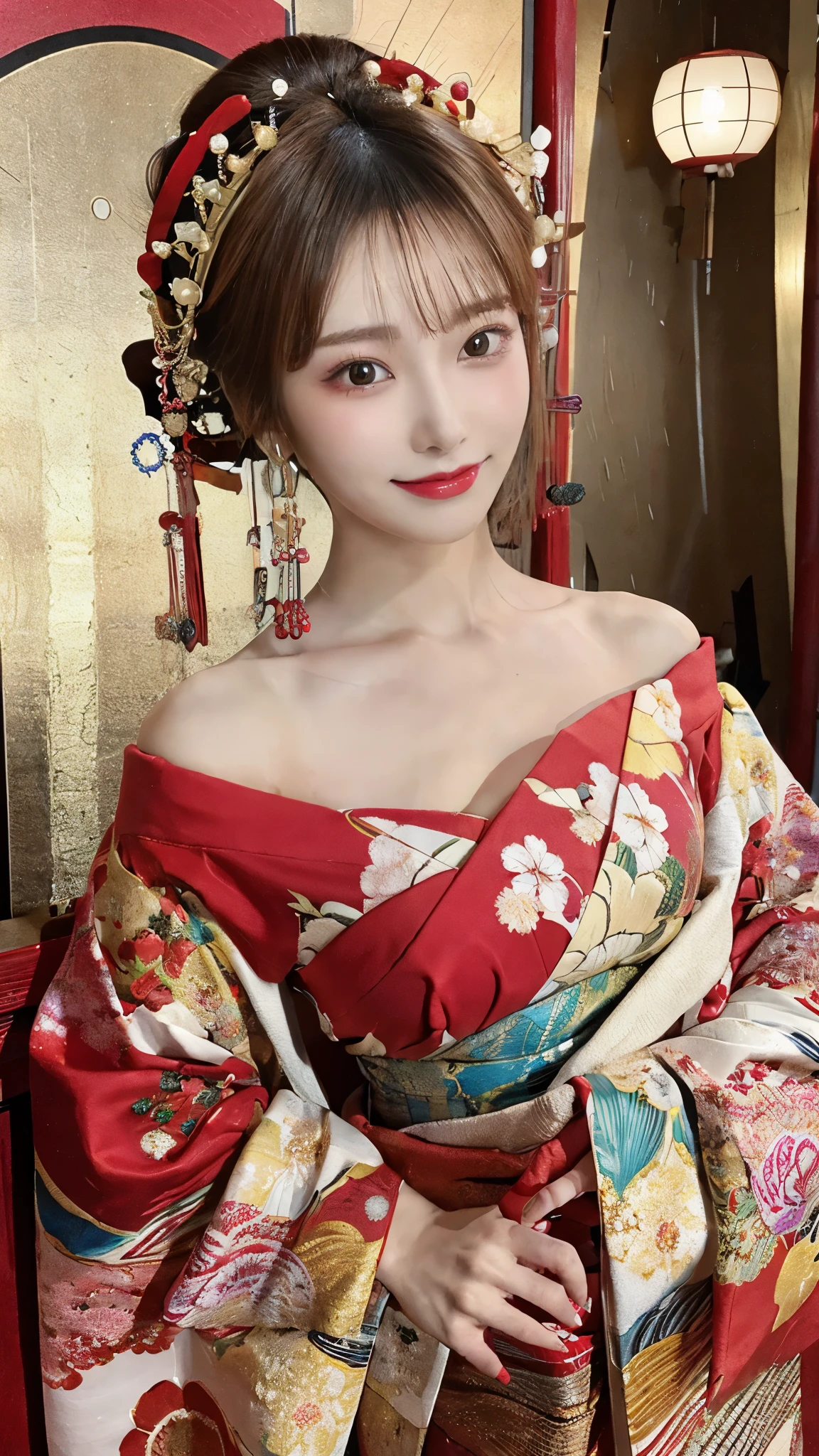 (Detailed skin:1.2),(Shiny skin:1.1),8K,Highest quality, masterpiece, Ultra-high resolution,(Realistic:1.4), RAW Photos,(Soft saturation:1.3),(Fair skin:1.2),Half-Japanese beauty,repair,20 years, Light brown hair, (Up-Hairstyles:1.2), Asymmetrical Hair, (Pretty face:1.4), (Large , Tight waist), Beautiful lighting, (Sexy Oi:1.2,),Highly detailed face, Highly detailed lips, fine grain, double eyelid, (Sharp focus: 1.2), (Perfect Anatomy),(Beautiful woman with perfect figure: 1.2)、Exposing cleavage、Rxy poses,(Accente your leg lines:1.1)、kimono、Sharp Eyes,smile、Gorgeous hair ornament、Japanese style background