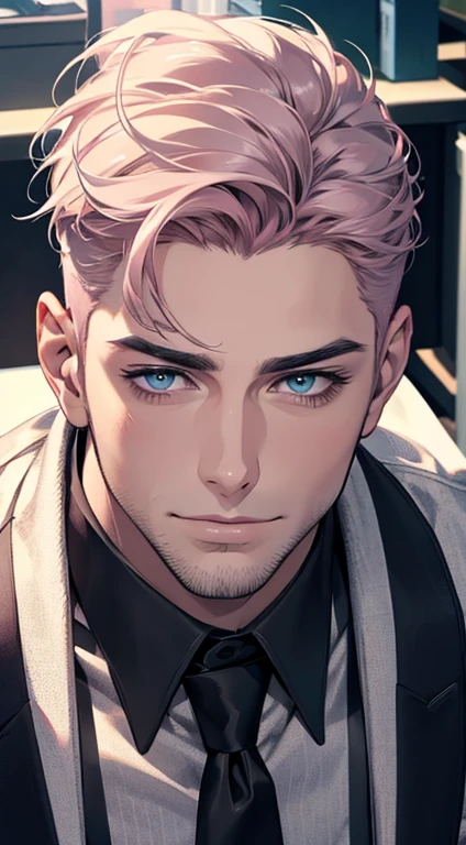 (best quality,4k,8k,highres,masterpiece:1.2),ultra-detailed,(realistic,photorealistic,photo-realistic:1.37),1 man,31 years old,mature man,very handsome,without expression,smile,short grey pink hair,blue eyes,penetrating gaze,perfect face without errors,imposing posture,businessman,office background,cinematic lighting,hdr image