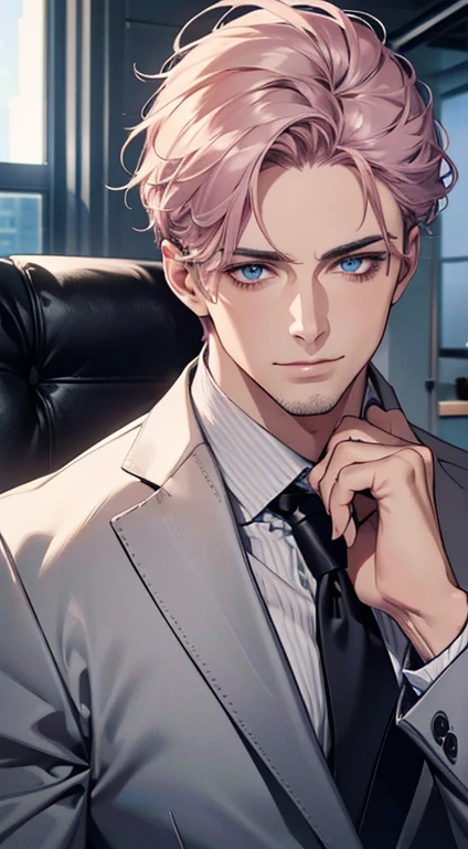 (best quality,4k,8k,highres,masterpiece:1.2),ultra-detailed,(realistic,photorealistic,photo-realistic:1.37),1 man,31 years old,mature man,very handsome,without expression,smile,short grey pink hair,blue eyes,penetrating gaze,perfect face without errors,imposing posture,businessman,office background,cinematic lighting,hdr image