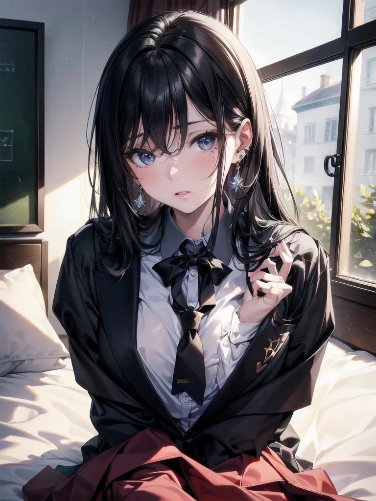 absurdres, RAW photo, extremely delicate and beautiful, masterpiece, Best Quality, ultra high resolution, 32k, hyperrealistic, ultra-detailed, in her 20s, delicate facial features, tearful mole, earring,  medium breasts, full body shot, shorter middle hair, black hair, ((school uniform)), bedroom,