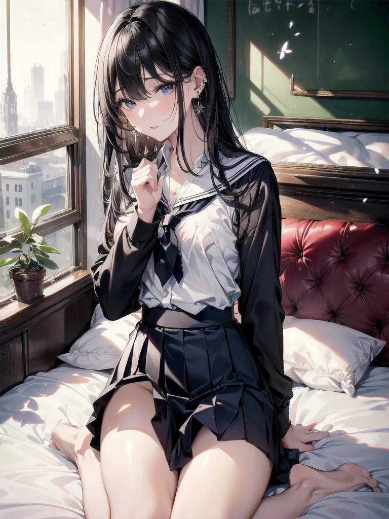 absurdres, RAW photo, extremely delicate and beautiful, masterpiece, Best Quality, ultra high resolution, 32k, hyperrealistic, ultra-detailed, in her 20s, delicate facial features, tearful mole, earring, medium breasts, full body shot, shorter middle hair, black hair, ((school uniform)), bedroom,