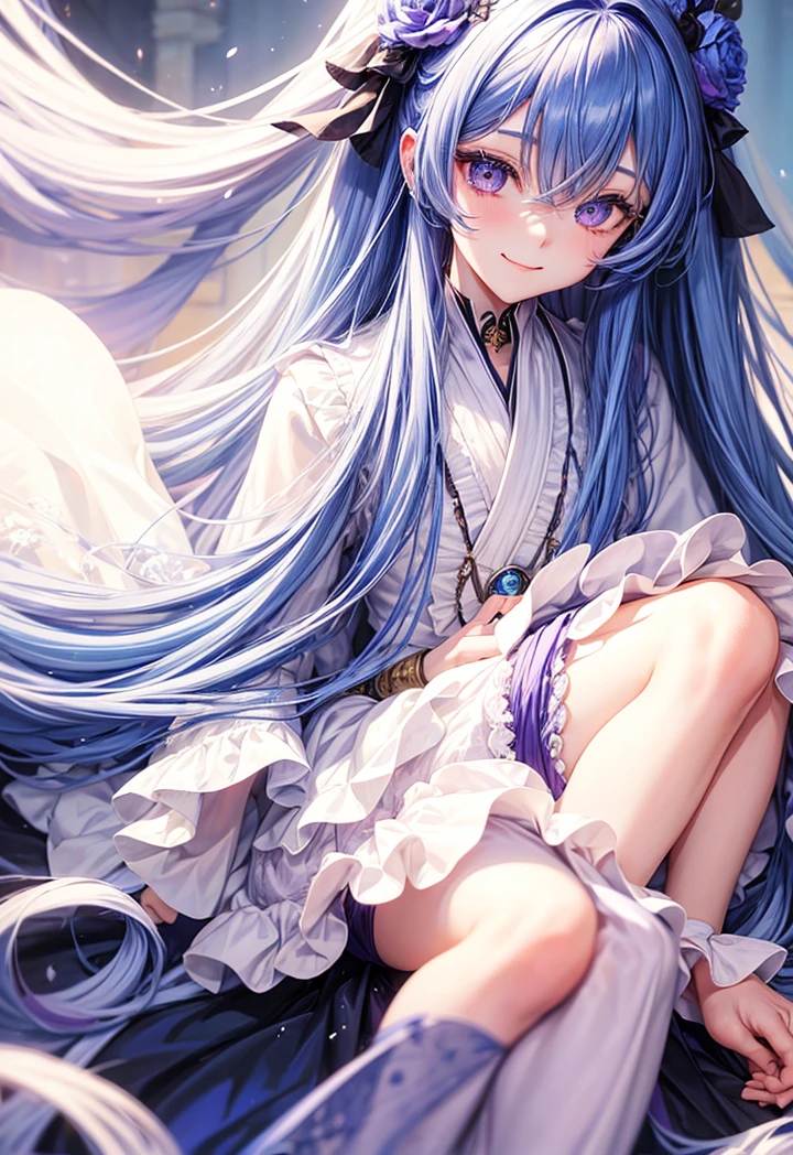 Blue long hair,left eyes blue,right eyes purple, having a moon hallow at head, look foward, closing mouth, smile,innocent and cute face,dressed in aristocratic clothes,166 cm height, teenage body, 2000+ years old