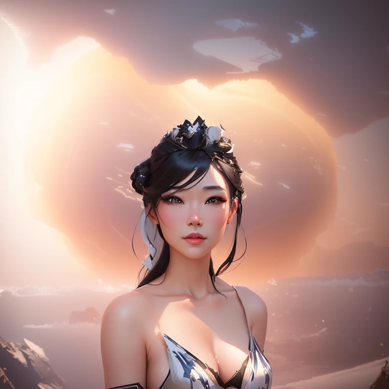 A woman in a dress stands in front of a painting, Unreal Engine render + goddess, Atjem ; 3d Unreal Engine, Beautiful digital artwork, Artwork in the style of Guweiz, Akihiko Yoshida. Unreal Engine, Inspired by Ai Xuan, Queen of the Sea Mu Yanling, fantasy style 8 k octane render　Doggy　Black and white　Linearization
