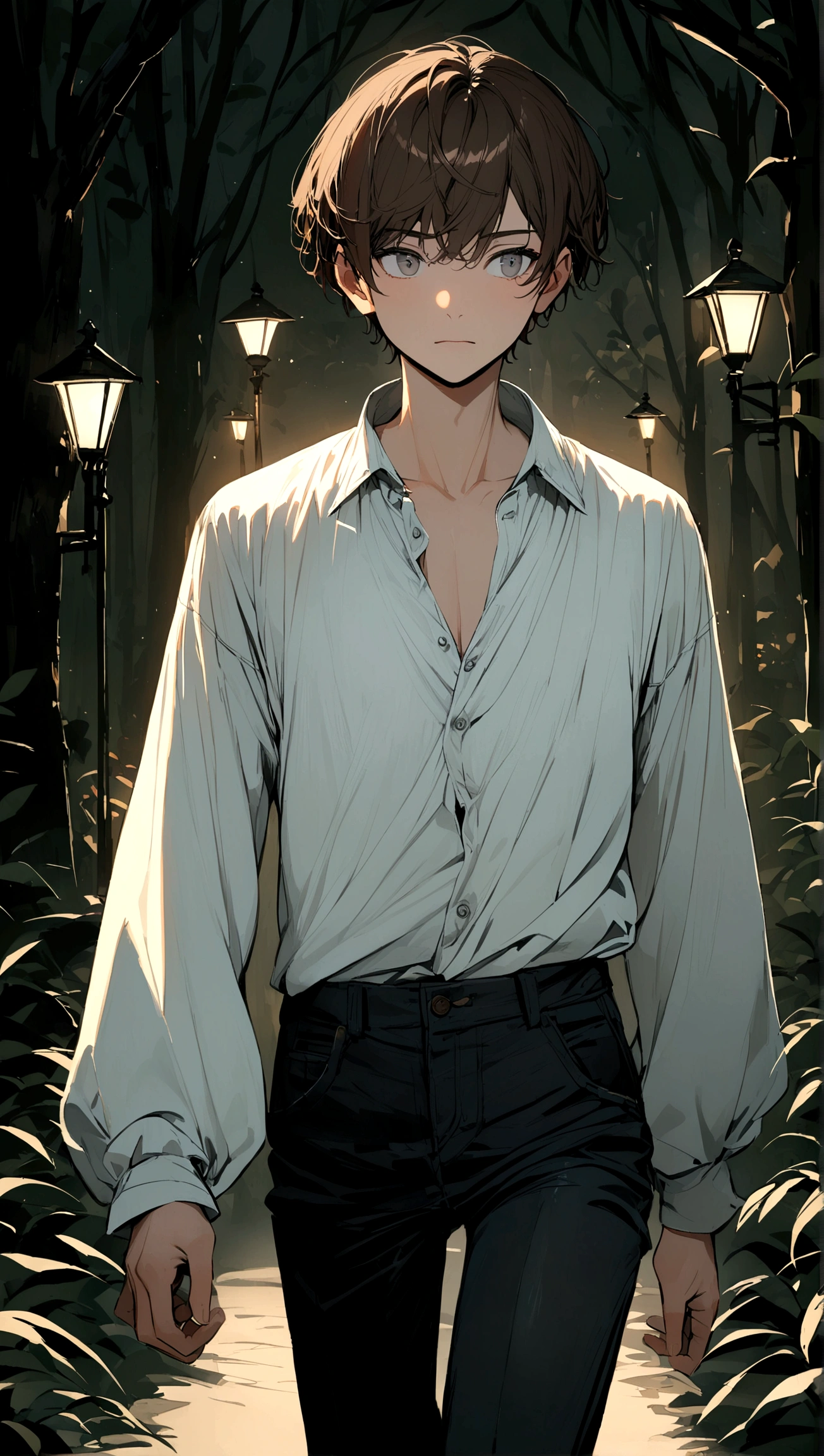 Young brunette man with medium brown hair, gray eyes with an apathetic expression wearing a long-sleeved blue denim blouse unbuttoned with a white t-shirt underneath, black pants and black and white sneakers walking through a forest lit by streetlights