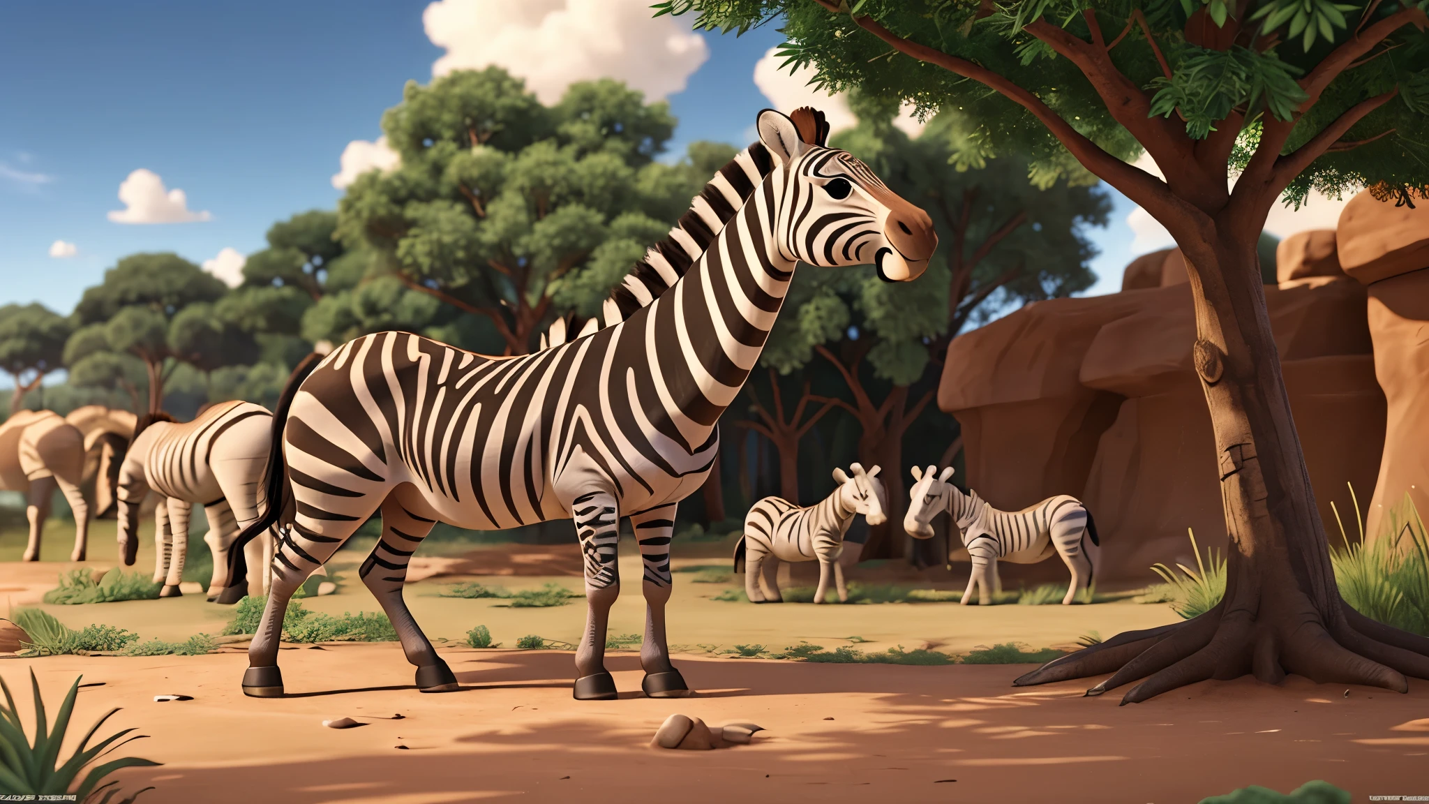 3d animation, zebras, disney design, wildlife, high detailed, detailed face, detailed eyes, cinematic, dramatic colors, background africa